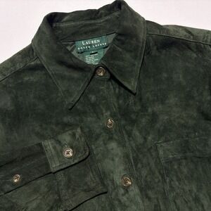Lauren Ralph Lauren Shirt Suede 100% Leather Button Up Pocket Green Womens Large